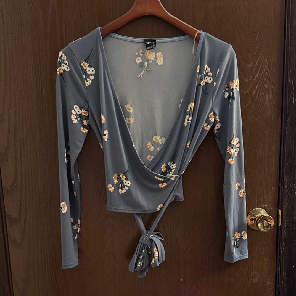 Floral Wrap Tie Top - Blue